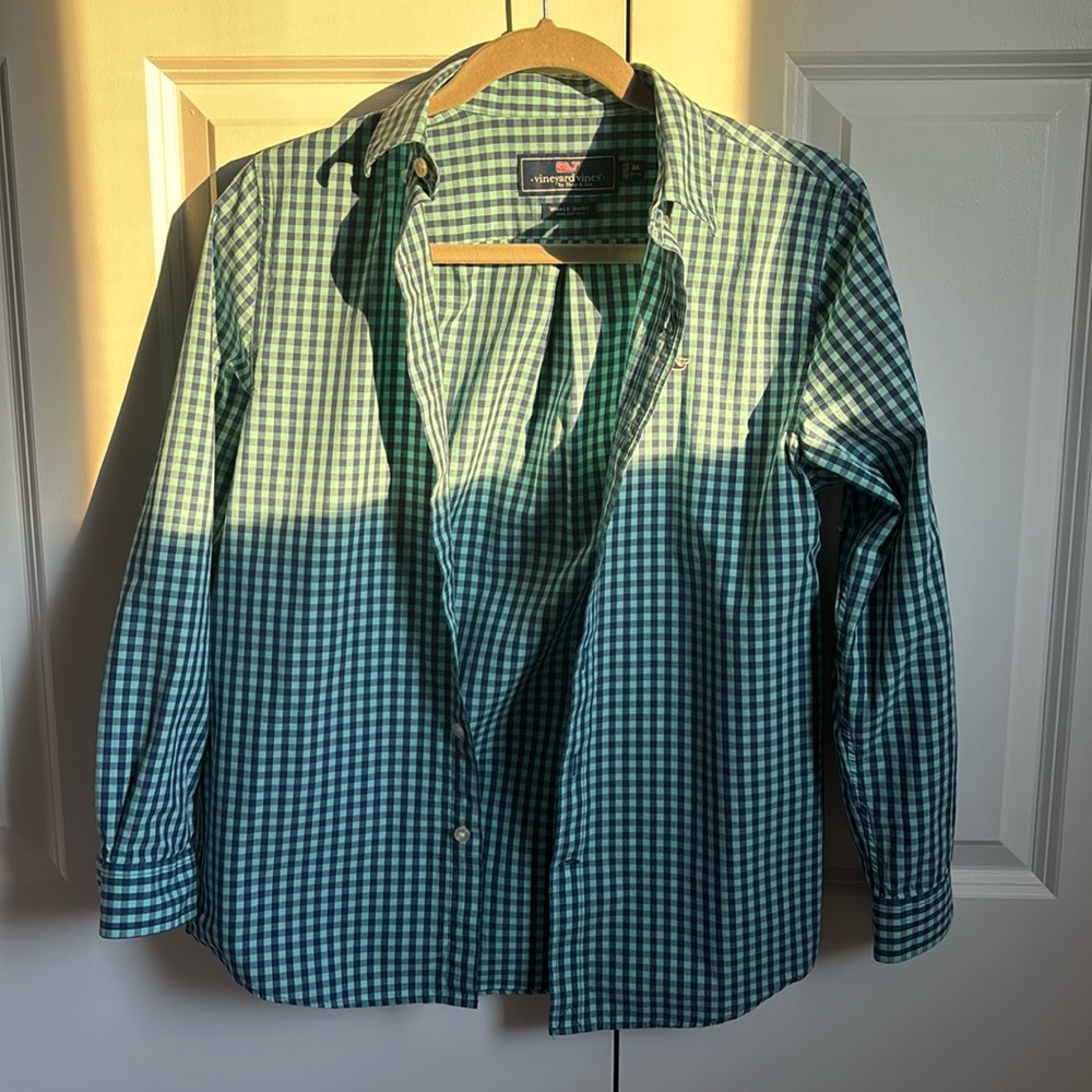Blue and Teal Button-Up Gingham Long Sleeve Shirt
